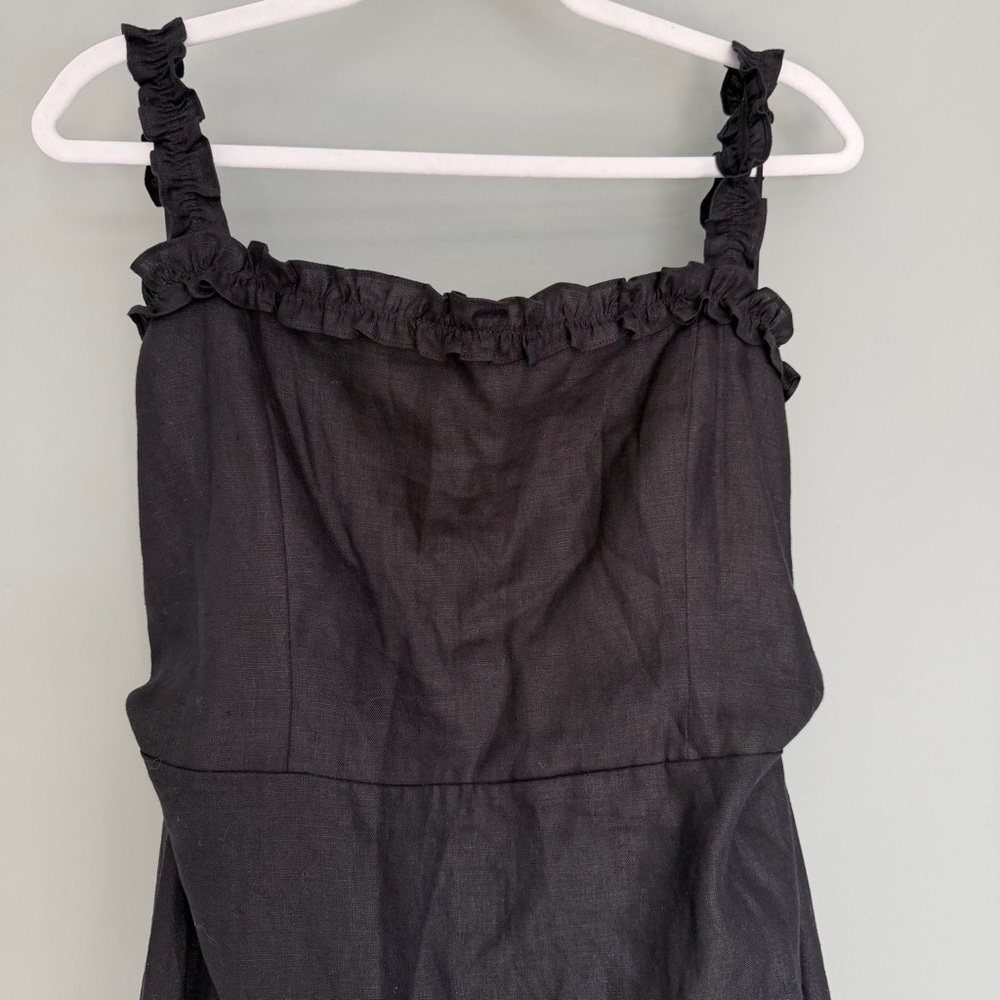 Reformation "Hyla" 100% Linen Black Sleeveless Ruffle-Trim Tiered Midi Dress - Picture 4 of 14